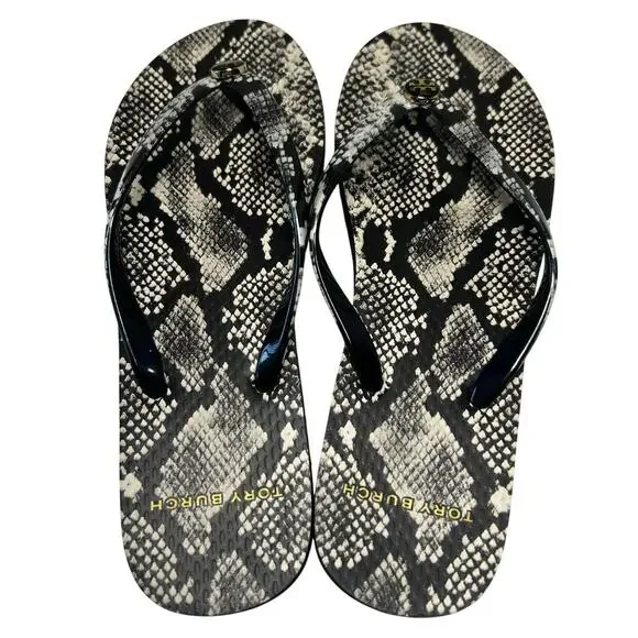 Tory Burch Flip Flops in the Black and White Roccia Snakeskin print. Size 6 - Picture 5 of 9